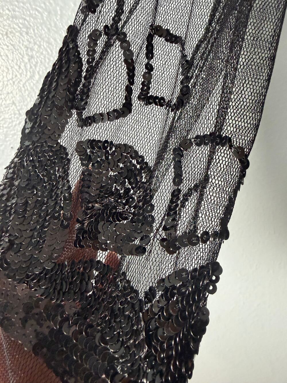 Vintage Marina Rinaldi Silk‎ Velvet Formal Dress Black Sheer Sequin Sleeve Gown